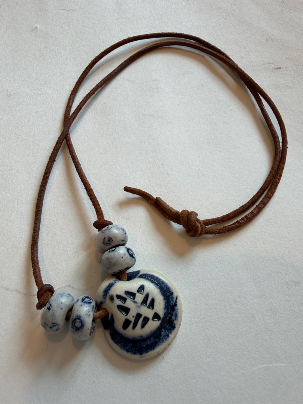 Ceramic Pendant Necklace with Brown Leather Cord - Blue and White